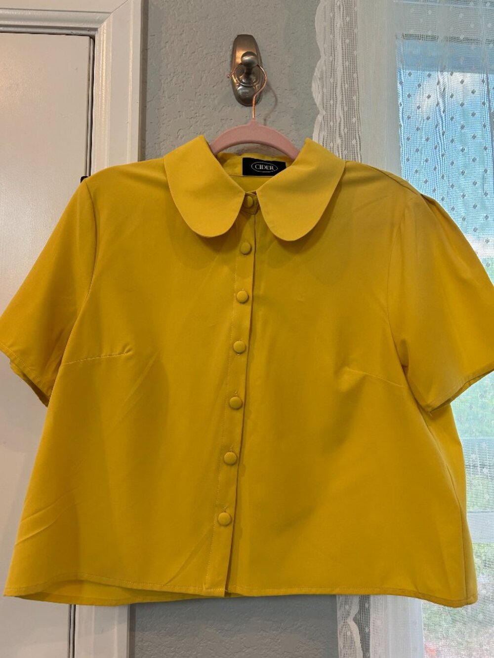 Cider Mustard Yellow Peter Pan Collar Button Front Blouse Short Sleeve Retro Top